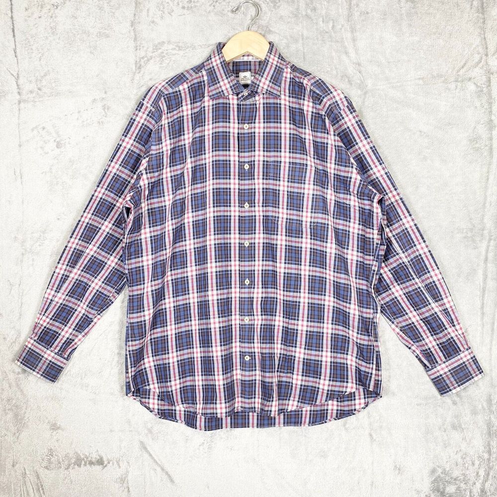 Peter‎ Millar Shirt Men Large Button Up Blue Red White Tartan Plaid Spread